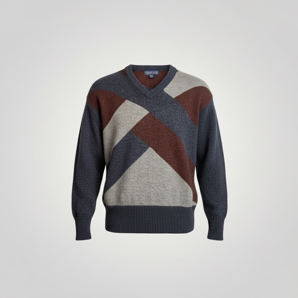 Whitefish Bay V-Neck Sweater Mens Medium Navy Blue Colorblock Grandpacore Grunge